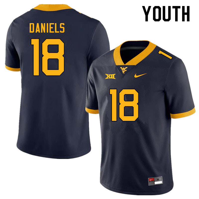 Youth #18 JT Daniels West Virginia Mountaineers College Football Jerseys Sale-Navy - Click Image to Close